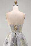 A-lijn blauw bloemen strapless korset met gerimpelde jacquard kant achter homecoming jurk