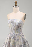 A-lijn blauw bloemen strapless korset met gerimpelde jacquard kant achter homecoming jurk
