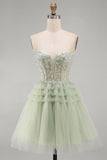 Strapless A-lijn stoffige salie korset met bloemen gerimpelde homecoming jurk met kralen
