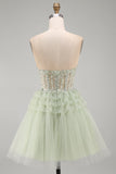 Strapless A-lijn stoffige salie korset met bloemen gerimpelde homecoming jurk met kralen