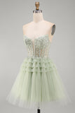 Strapless A-lijn stoffige salie korset met bloemen gerimpelde homecoming jurk met kralen