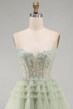 Strapless A-lijn stoffige salie korset met bloemen gerimpelde homecoming jurk met kralen
