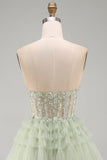 Strapless A-lijn stoffige salie korset met bloemen gerimpelde homecoming jurk met kralen