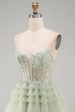 Strapless A-lijn stoffige salie korset met bloemen gerimpelde homecoming jurk met kralen
