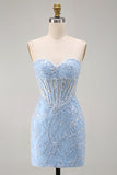 Blauwe Sweetheart Transparante Korset Bodycon Pailletten Korte Homecoming Jurk met Applicaties
