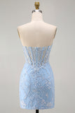Blauwe Sweetheart Transparante Korset Bodycon Pailletten Korte Homecoming Jurk met Applicaties