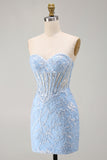 Blauwe Sweetheart Transparante Korset Bodycon Pailletten Korte Homecoming Jurk met Applicaties