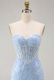 Blauwe Sweetheart Transparante Korset Bodycon Pailletten Korte Homecoming Jurk met Applicaties