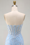 Blauwe Sweetheart Transparante Korset Bodycon Pailletten Korte Homecoming Jurk met Applicaties