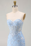 Blauwe Sweetheart Transparante Korset Bodycon Pailletten Korte Homecoming Jurk met Applicaties