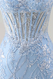 Blauwe Sweetheart Transparante Korset Bodycon Pailletten Korte Homecoming Jurk met Applicaties