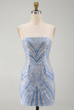 Glinsterende, strapless blauwe bodycon pailletten, korte homecomingjurk met kralen.