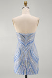 Glinsterende, strapless blauwe bodycon pailletten, korte homecomingjurk met kralen.