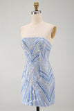 Glinsterende, strapless blauwe bodycon pailletten, korte homecomingjurk met kralen.