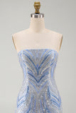 Glinsterende, strapless blauwe bodycon pailletten, korte homecomingjurk met kralen.