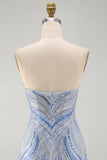 Glinsterende, strapless blauwe bodycon pailletten, korte homecomingjurk met kralen.