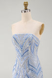 Glinsterende, strapless blauwe bodycon pailletten, korte homecomingjurk met kralen.