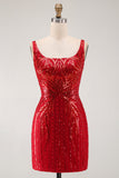 Glinsterende bordeauxrode bodycon pailletten vierkante hals korte homecomingjurk