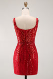 Glinsterende bordeauxrode bodycon pailletten vierkante hals korte homecomingjurk