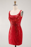 Glinsterende bordeauxrode bodycon pailletten vierkante hals korte homecomingjurk