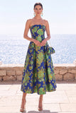 Roze Flower strapless A-lijn Jacquard Midi jurk