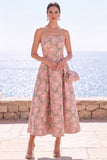 Roze Flower strapless A-lijn Jacquard Midi jurk
