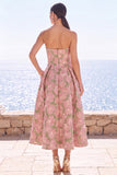 Roze Flower strapless A-lijn Jacquard Midi jurk