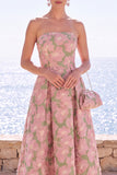 Roze Flower strapless A-lijn Jacquard Midi jurk