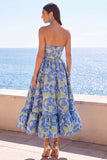 Donkergroene strapless A-lijn Jacquard midi bloemenjurk met ruches