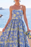 Donkergroene strapless A-lijn Jacquard midi bloemenjurk met ruches