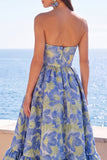 Donkergroene strapless A-lijn Jacquard midi bloemenjurk met ruches