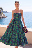 Donkergroene strapless A-lijn Jacquard midi bloemenjurk met ruches