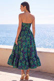 Donkergroene strapless A-lijn Jacquard midi bloemenjurk met ruches