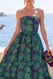 Donkergroene strapless A-lijn Jacquard midi bloemenjurk met ruches