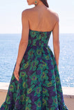 Donkergroene strapless A-lijn Jacquard midi bloemenjurk met ruches