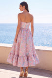 Donkergroene strapless A-lijn Jacquard midi bloemenjurk met ruches
