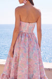 Donkergroene strapless A-lijn Jacquard midi bloemenjurk met ruches