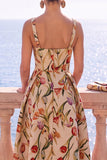 Abrikozenvierkant hals A-lijn Jacquard bloemen midi jurk