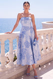 A-lijn Jacquard Blauwe strapless bloemen midi jurk