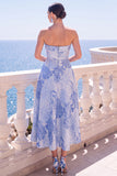 A-lijn Jacquard Blauwe strapless bloemen midi jurk