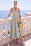 A-lijn Jacquard Blauwe strapless bloemen midi jurk