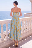 A-lijn Jacquard Blauwe strapless bloemen midi jurk