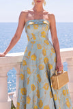 A-lijn Jacquard Blauwe strapless bloemen midi jurk