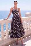 A-lijn Jacquard Blauwe strapless bloemen midi jurk