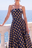A-lijn Jacquard Blauwe strapless bloemen midi jurk