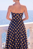 A-lijn Jacquard Blauwe strapless bloemen midi jurk