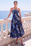 A-lijn Jacquard Blauwe strapless bloemen midi jurk