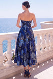 A-lijn Jacquard Blauwe strapless bloemen midi jurk