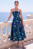 A-lijn Jacquard Blauwe strapless bloemen midi jurk