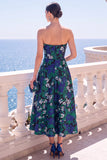 A-lijn Jacquard Blauwe strapless bloemen midi jurk